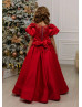 Short Sleeves Red Lace Satin Flower Girl Dress